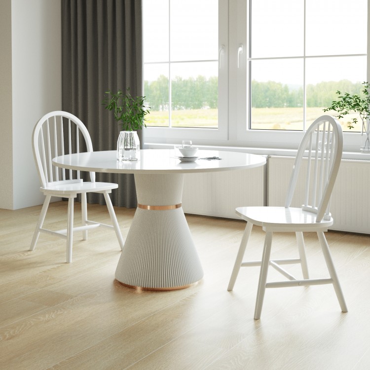Vintage Windsor wood chairs with spindle back in white, perfect for dining rooms, featuring ergonomic design and.